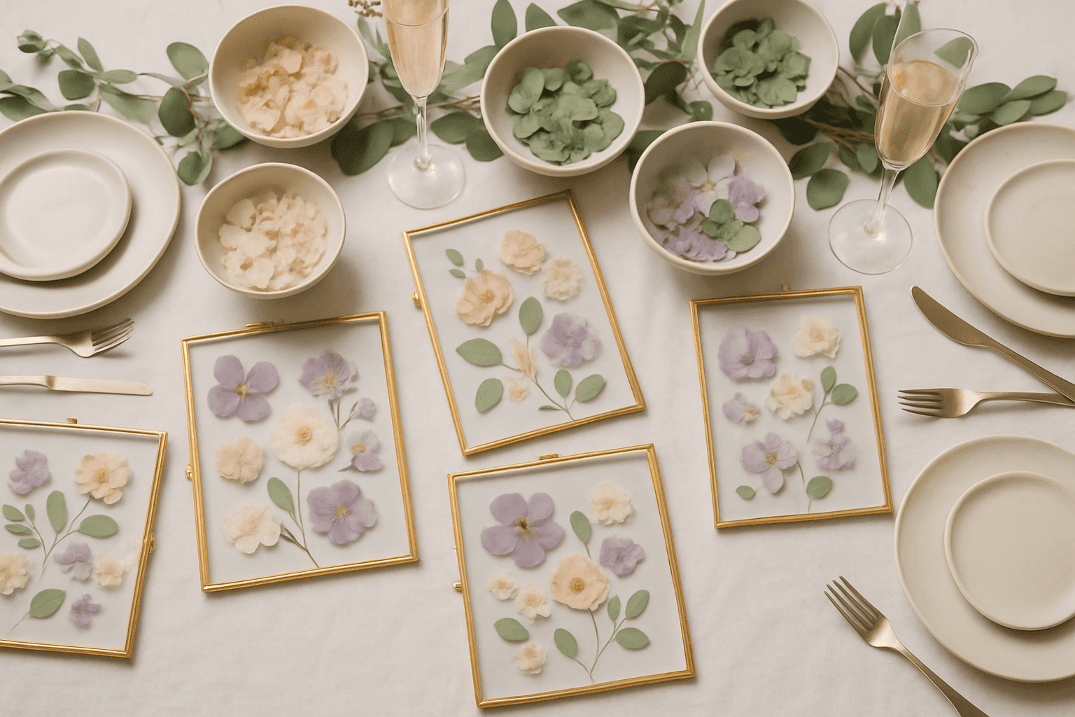 Bridal shower pressed flower workshop on the North Shore MA — elegant table setting with dried botanicals, glass frames, and wedding-palette florals