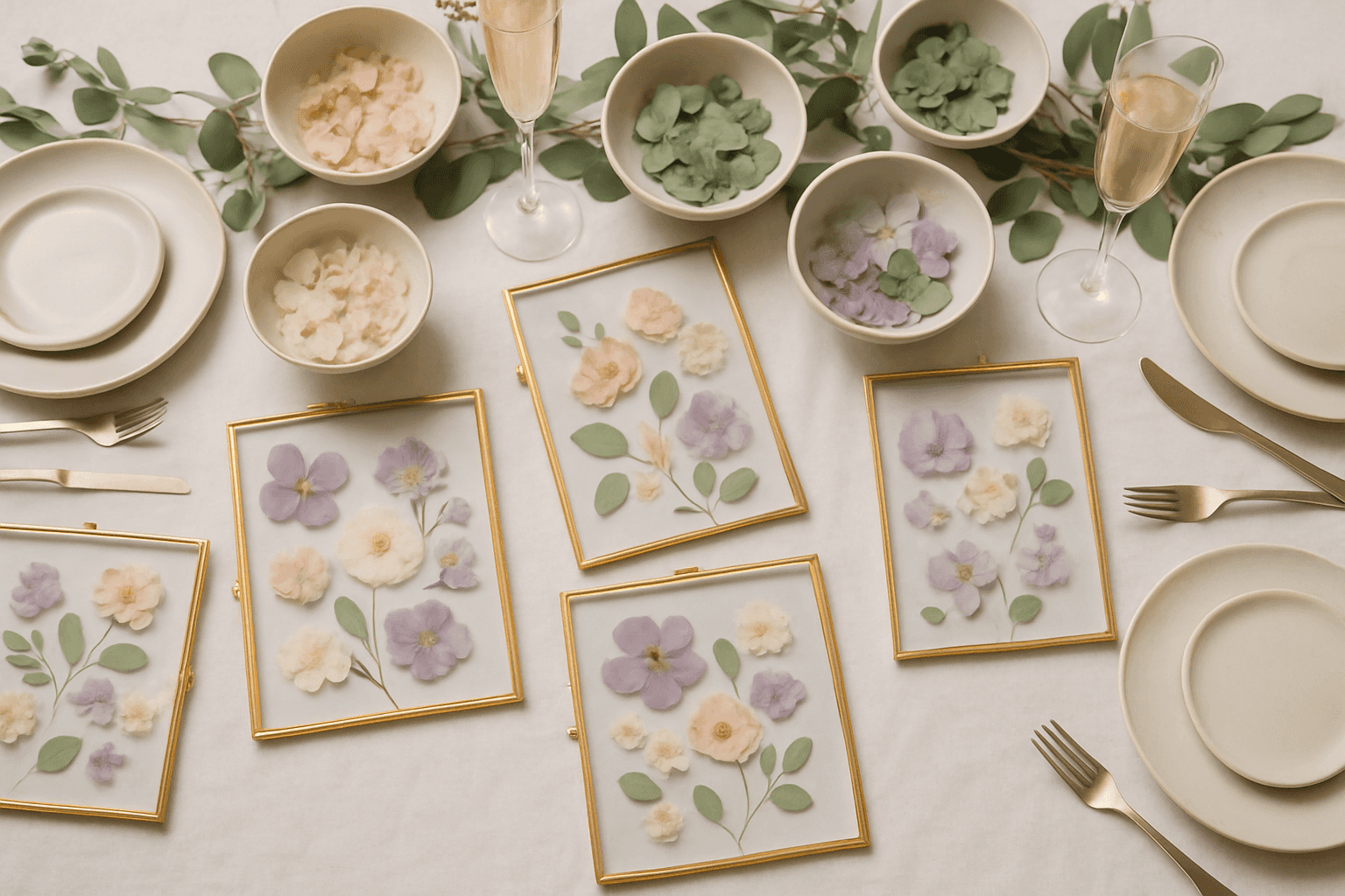 Bridal shower pressed flower workshop on the North Shore MA — elegant table setting with dried botanicals, glass frames, and wedding-palette florals