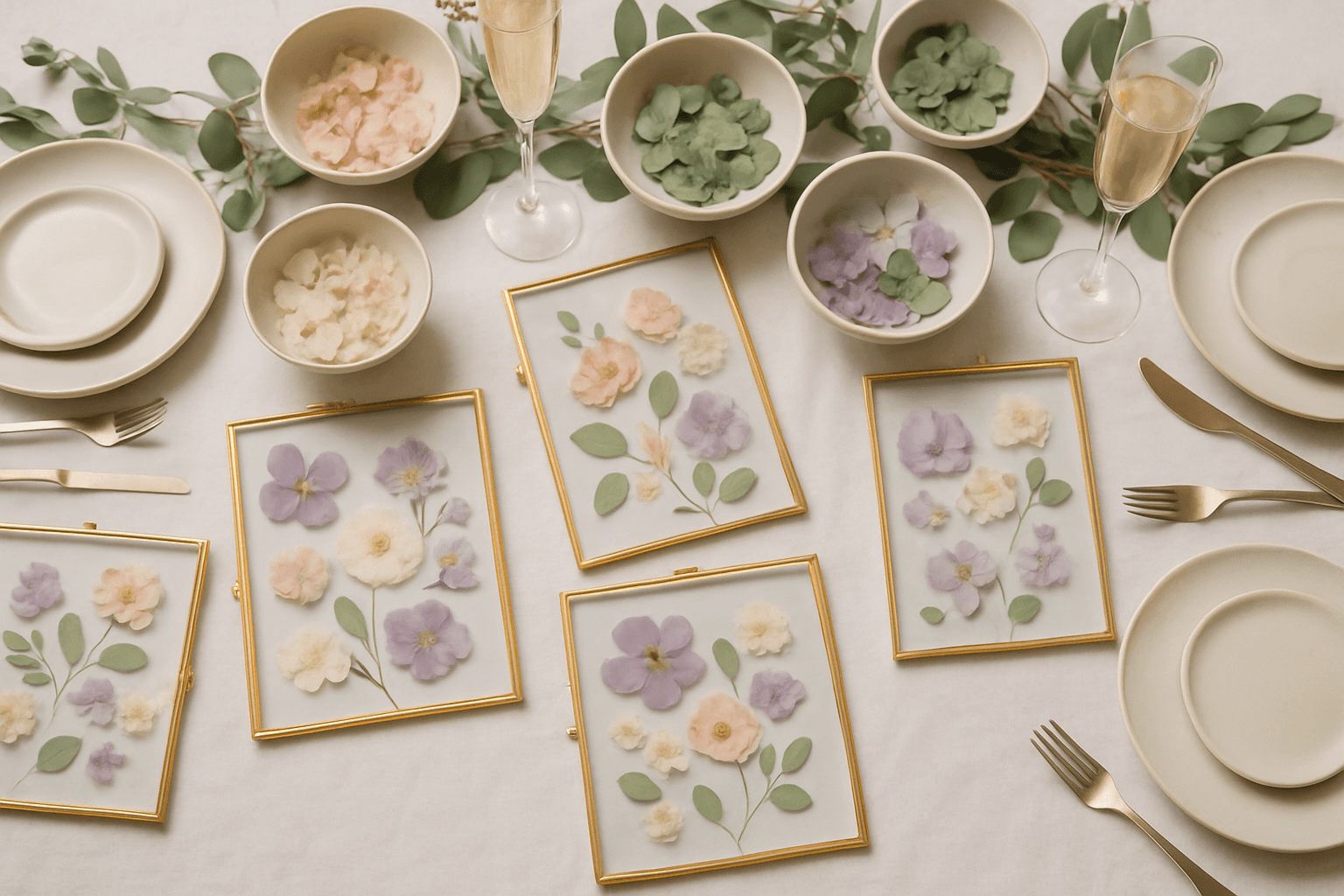 Bridal shower pressed flower workshop on the North Shore MA — elegant table setting with dried botanicals, glass frames, and wedding-palette florals