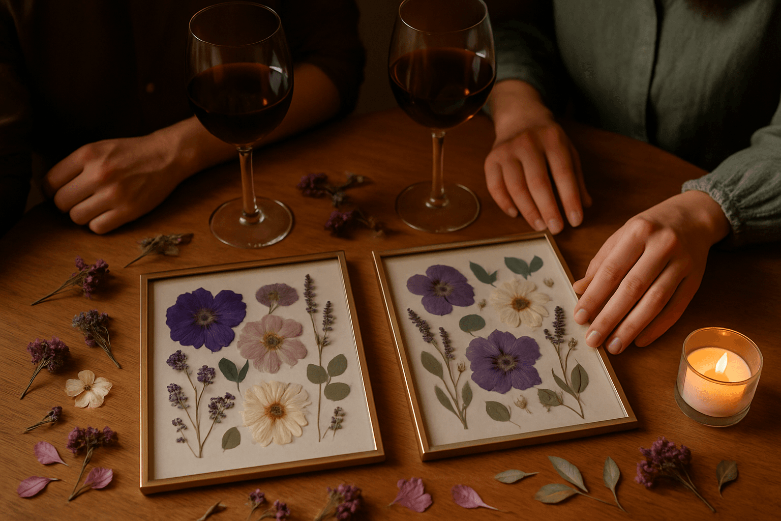 Couple working side by side on pressed flower frames during a North Shore MA date night — warm, editorial photography