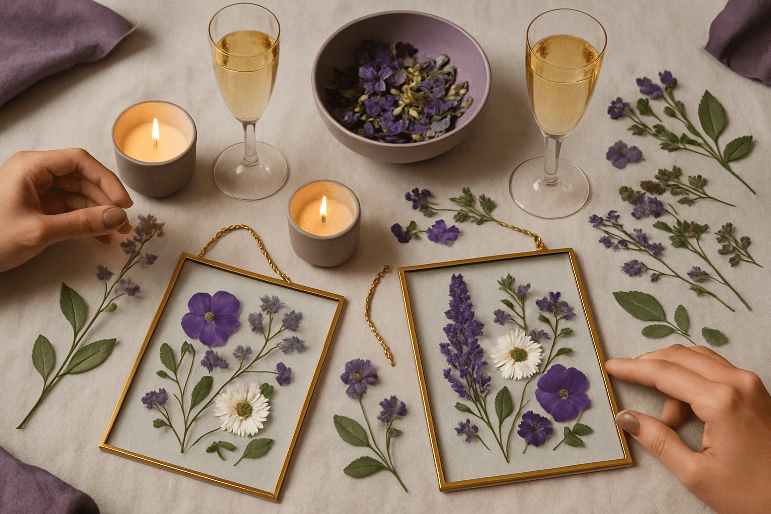 Group of friends at a pressed flower workshop on the North Shore MA — warm, editorial lifestyle photography of a girls' night