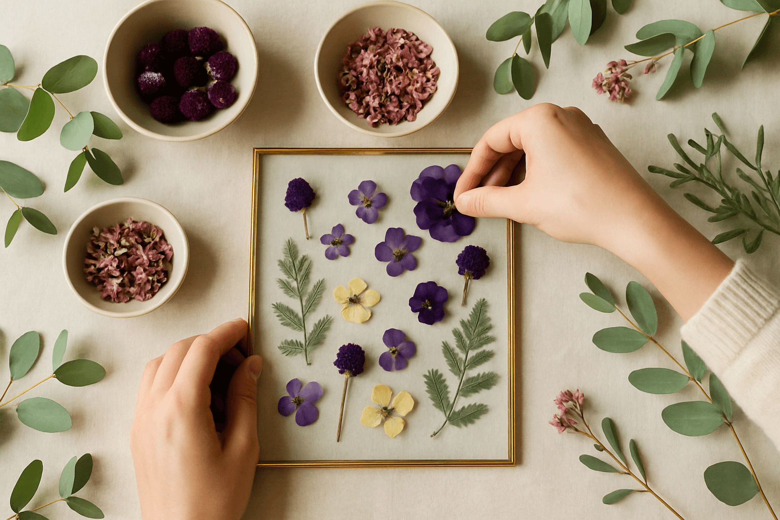 Pressed flowers arranged on parchment — editorial photograph of a home flower-pressing setup