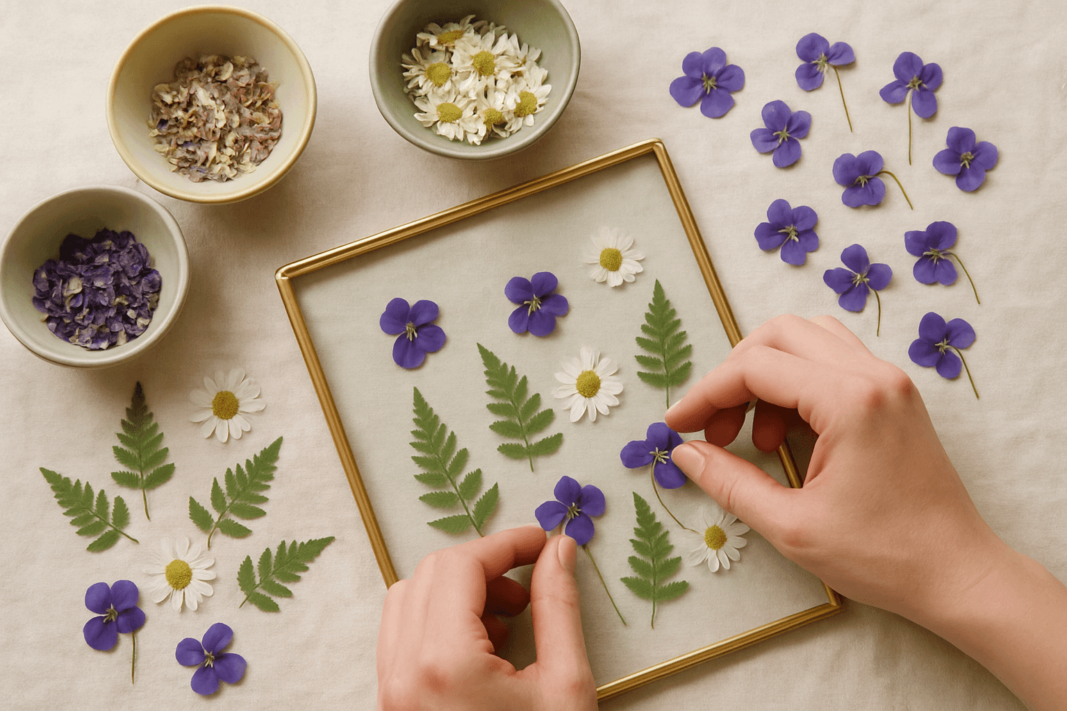 Pressed flower workshop in progress — hands arranging dried botanicals on a gold glass frame, the elegant alternative to paint night on the North Shore, MA