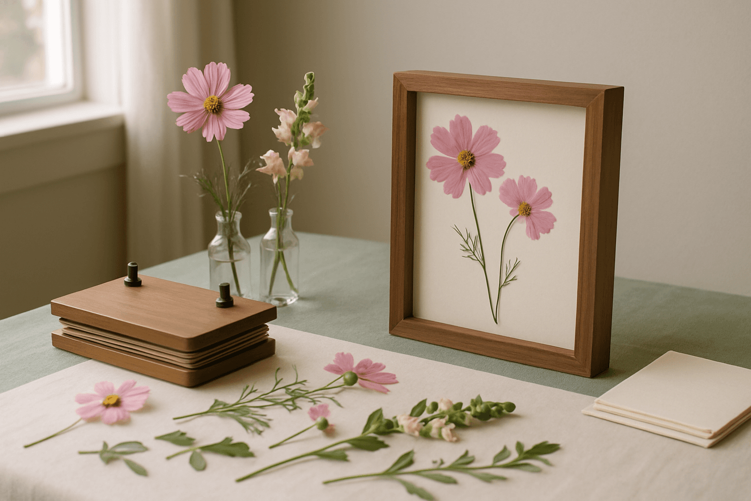 Side-angle shot of a paint night alternative in Beverly, MA — pink cosmos, snapdragon stems, and a walnut wood pressed flower frame on a workshop table