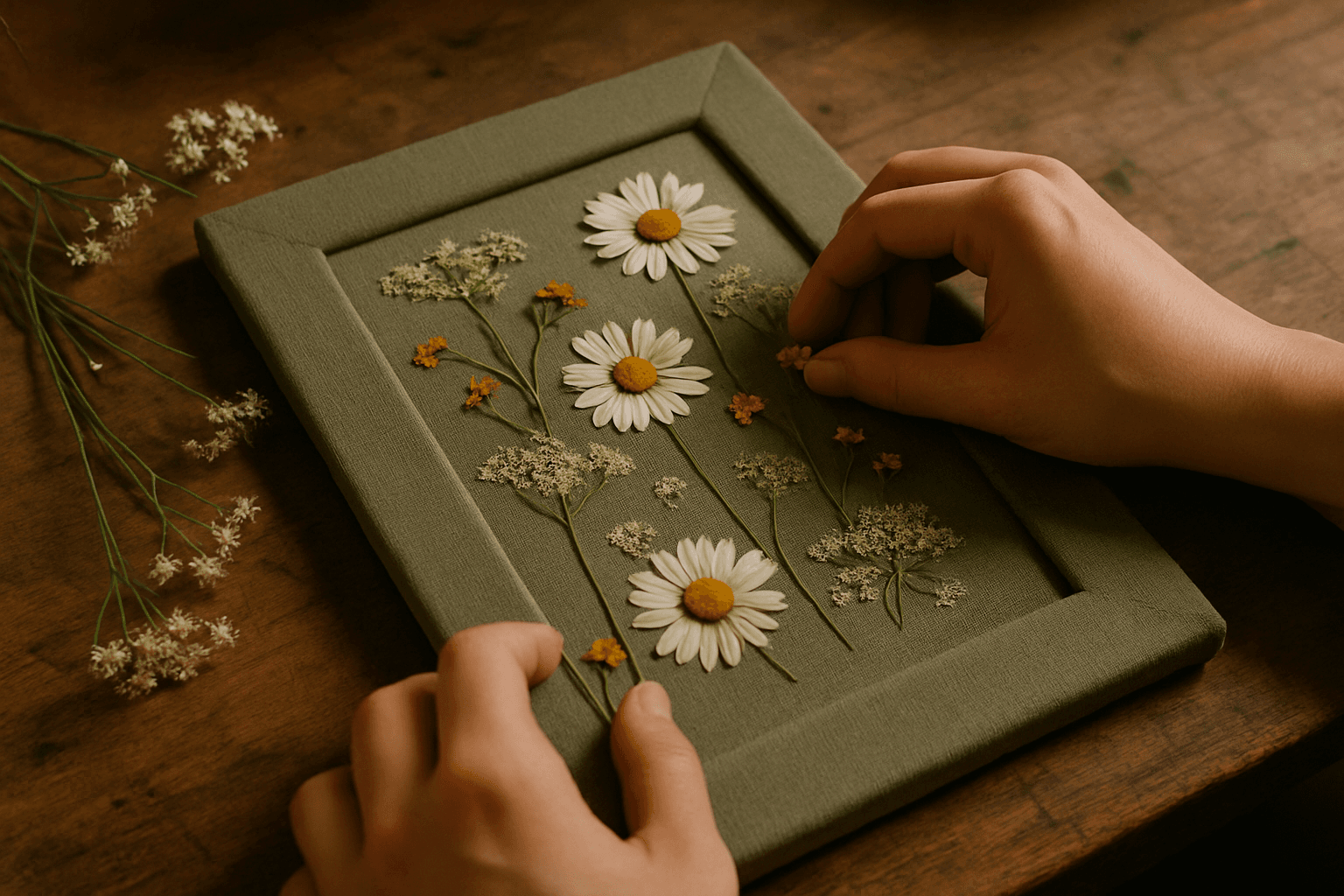 Close-up of a paint night alternative in Lynn, MA — white daisies, Queen Anne's lace, and a sage-green linen-wrapped frame mid-composition