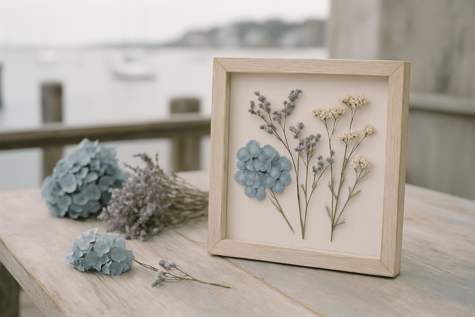 A paint night alternative in Marblehead, MA set up on a weathered coastal table — dried hydrangea, sea lavender, and a whitewashed wood frame with a harbor view