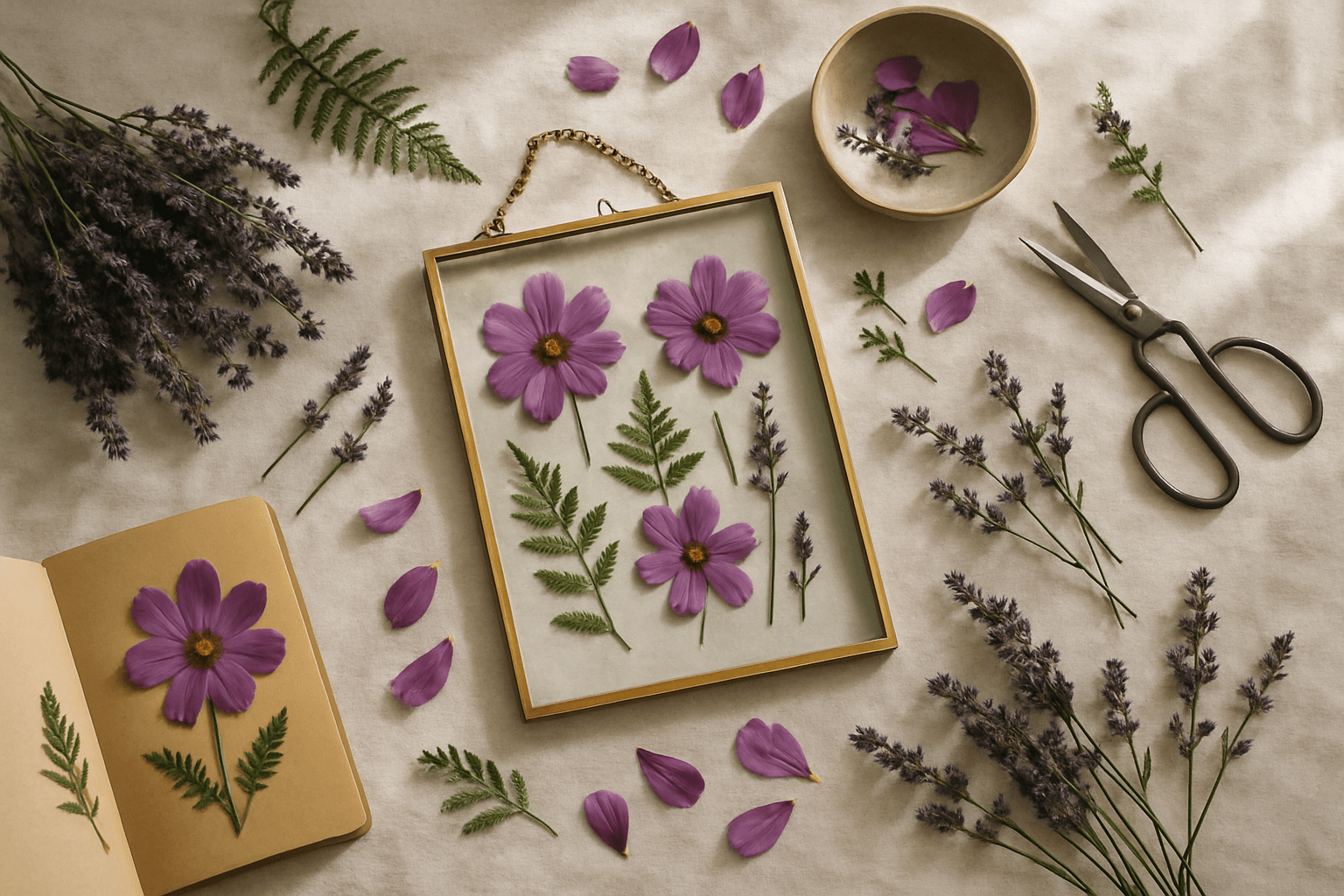 Overhead flatlay of a paint night alternative in Salem, MA — pressed violet wildflowers, fern sprigs, and a gold floating glass frame on a cream linen tablecloth
