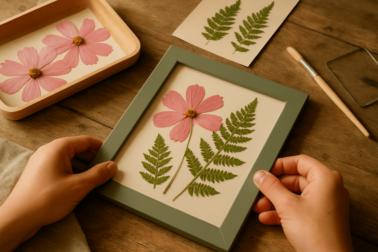 Close-up of pressed flower workshops in Beverly, MA — pink cosmos petals, fern fronds, and a sage-green matte frame mid-seal on a weathered wood studio table