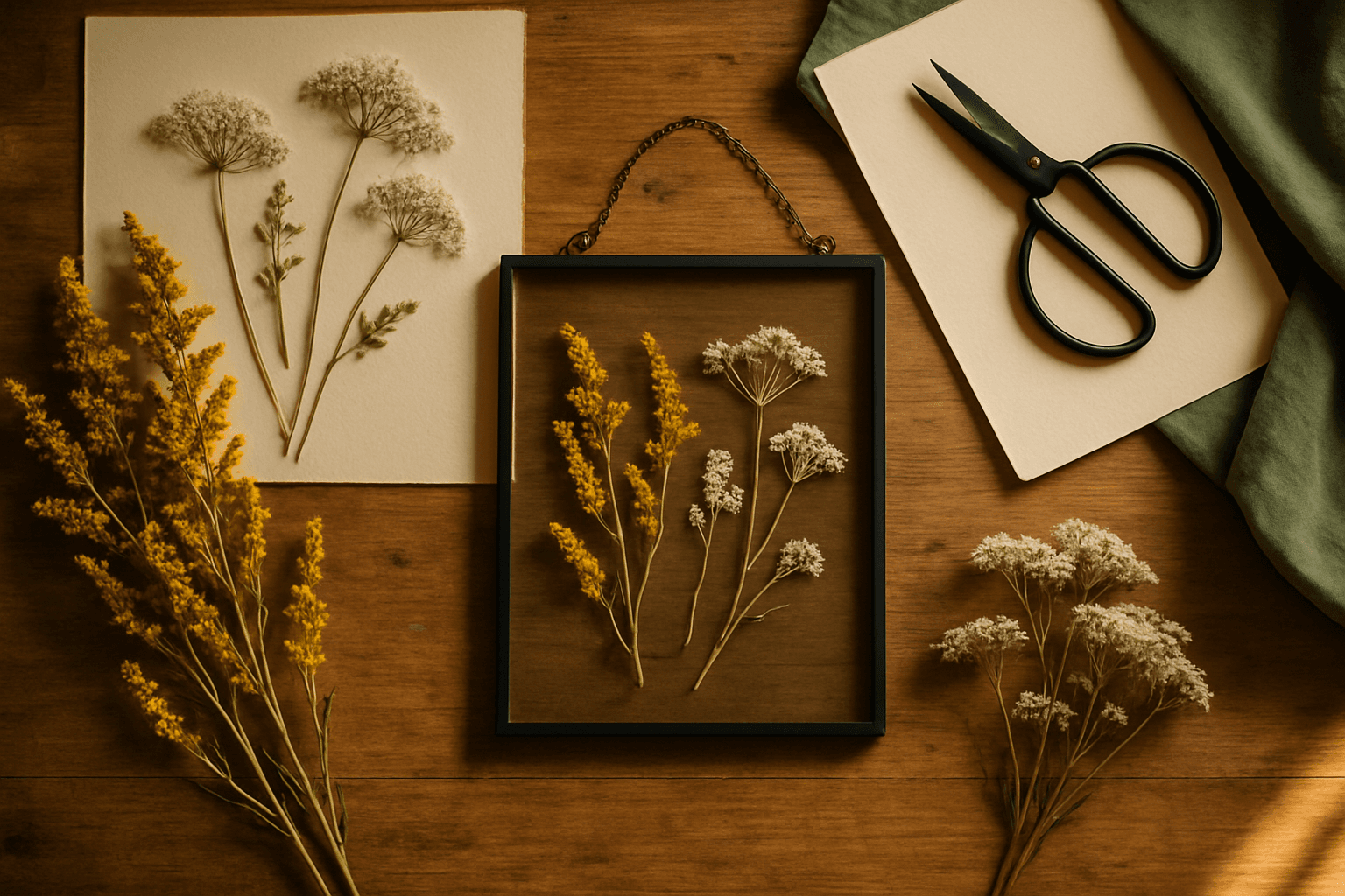 Overhead view of pressed flower workshops in Lynn, MA — dried yellow goldenrod, Queen Anne's lace, and a matte black glass frame on a raw wood table with warm natural light