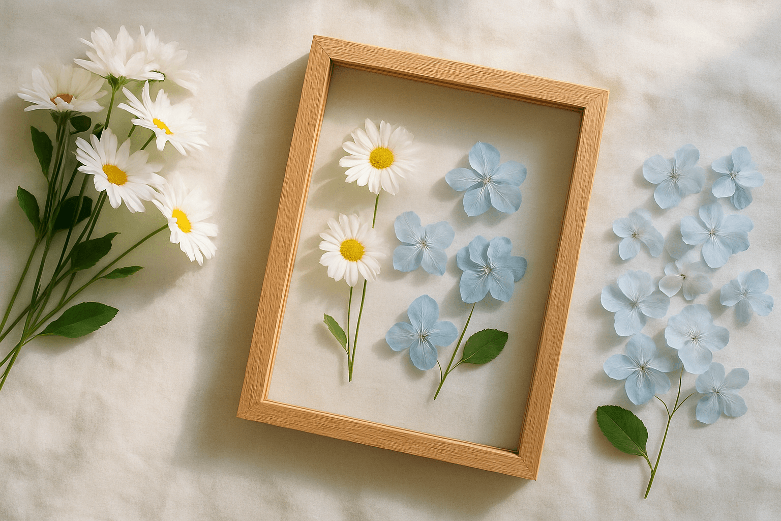Elegant coastal flatlay of pressed flower workshops in Marblehead, MA — white daisies, pale hydrangea, and an unfinished oak-wood floating glass frame on a linen cloth