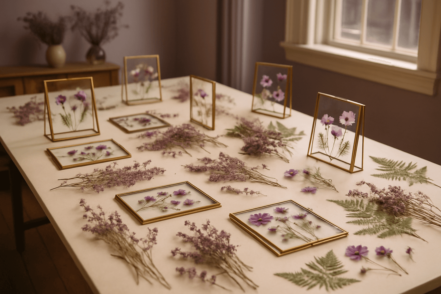 Wide studio shot of pressed flower workshops in Salem, MA — purple wildflowers, dried cosmos, and golden glass frames arranged on a long cream workshop table