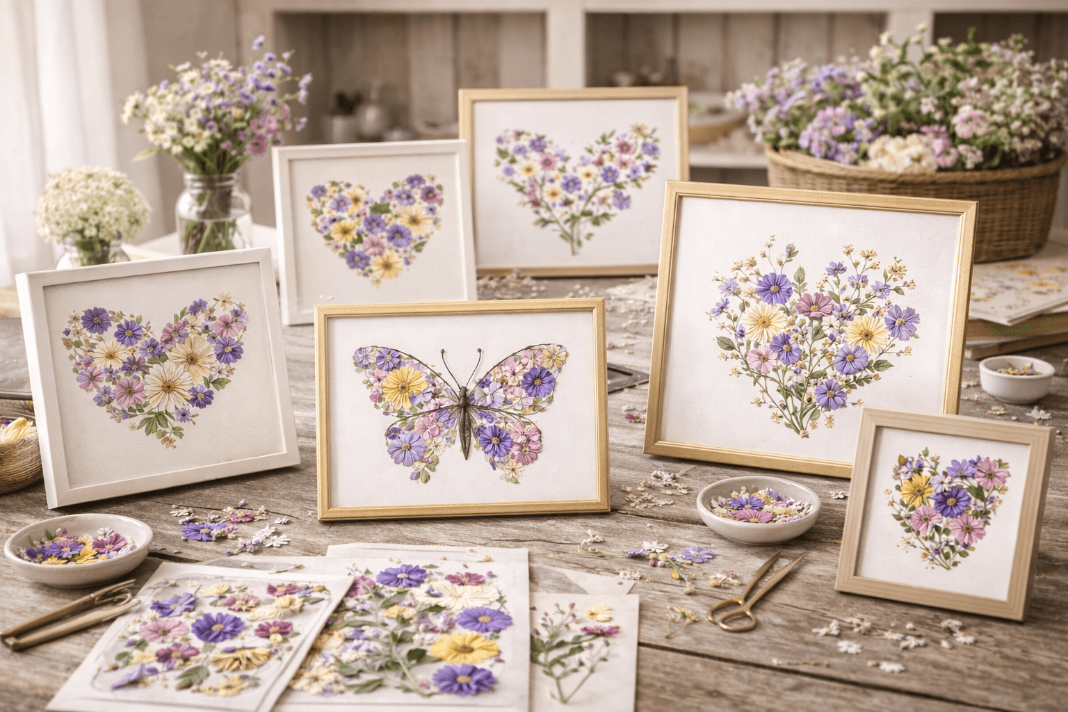 Pressed flower workshop materials and completed framed artwork