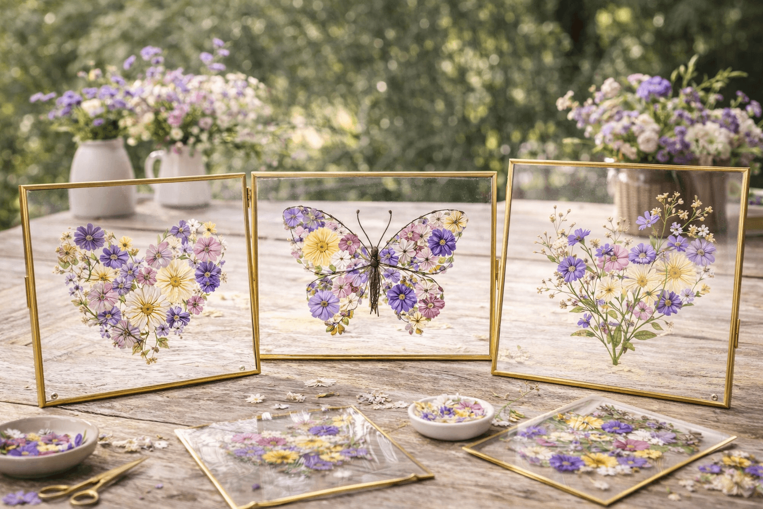 Finished pressed flower glass floating frame from a Petal Craft Social workshop